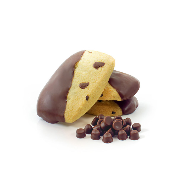 Buttery cookie with chocolate chips dipped in dark chocolate.