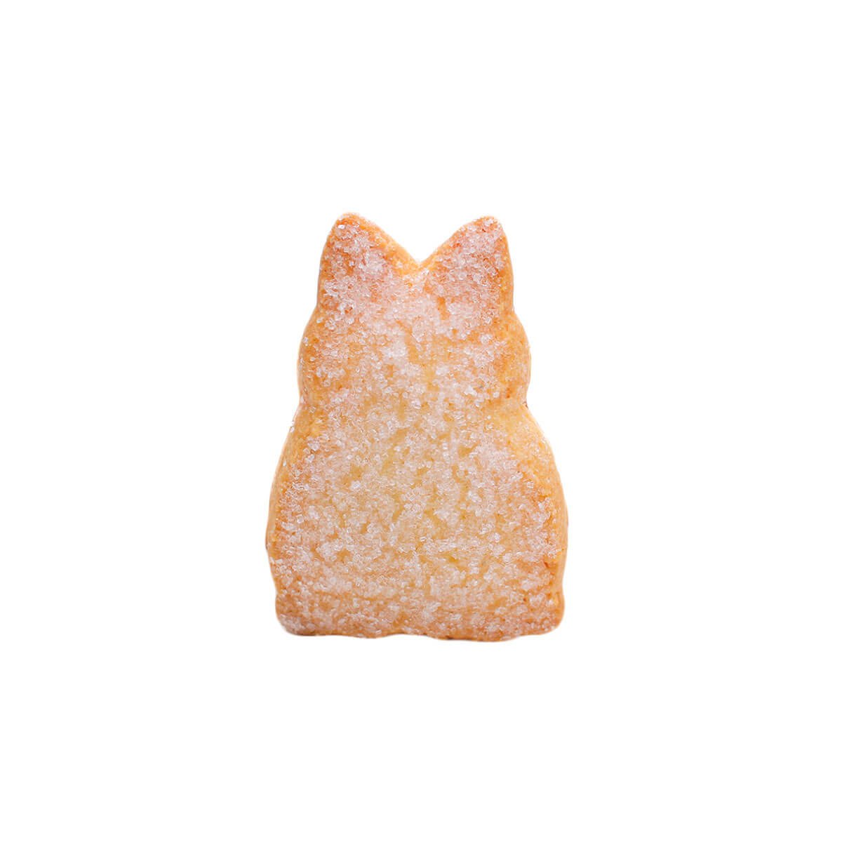 A buttery cookie shaped like a rabbit sprinkled with crystal sugar. 